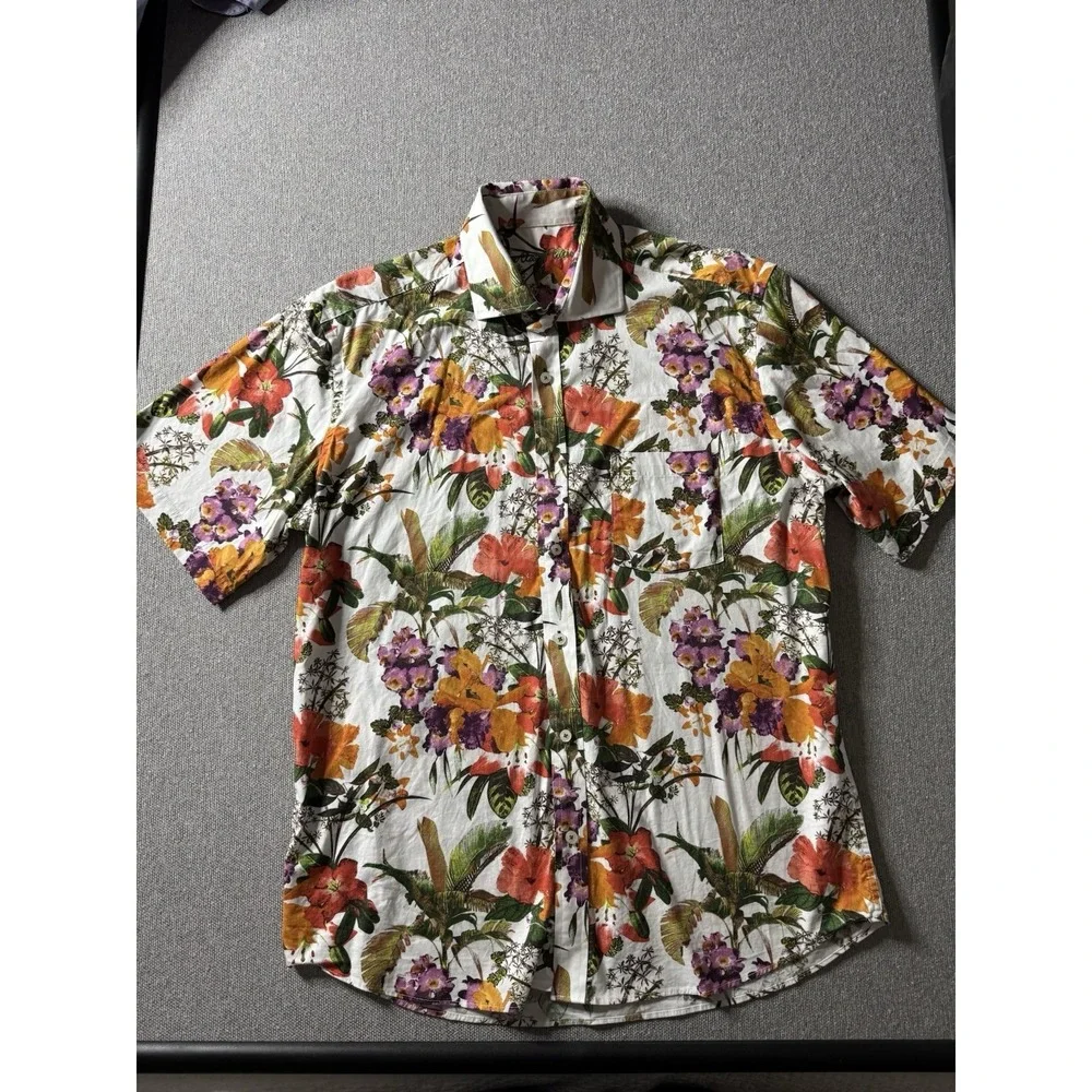 Alan Flusser Men's Large Floral Short Sleeve Button Up Shirt Tropical, Colorful - Picture 1 of 11